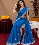 Turquoise soft shimmer chiffon embroidery work saree with unstitched blouse piece