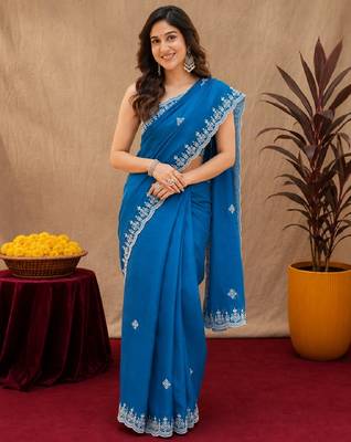 Turquoise soft shimmer chiffon embroidery work saree with unstitched blouse piece 2