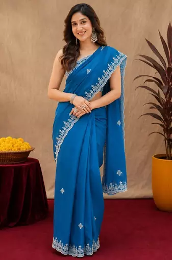Turquoise soft shimmer chiffon embroidery work saree with unstitched blouse piece