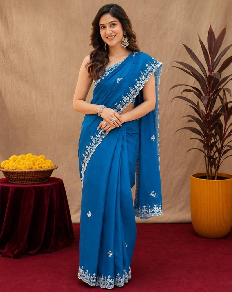 Turquoise soft shimmer chiffon embroidery work saree with unstitched blouse piece