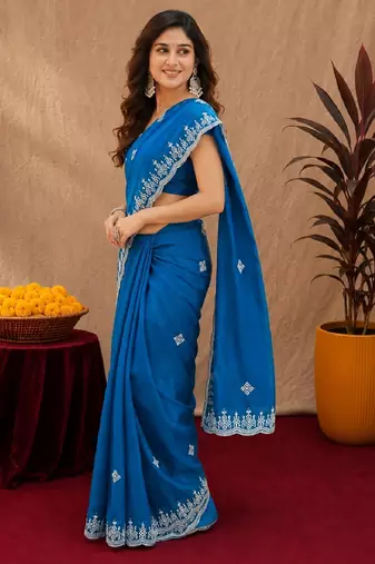 Turquoise soft shimmer chiffon embroidery work saree with unstitched blouse piece