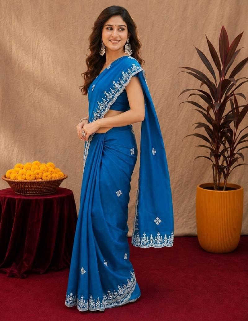 Turquoise soft shimmer chiffon embroidery work saree with unstitched blouse piece