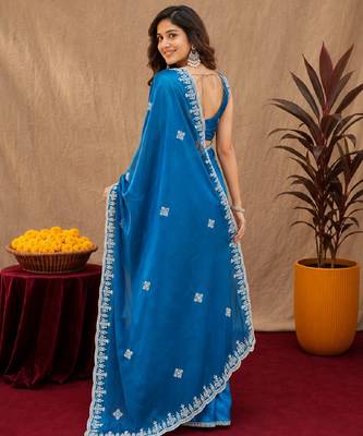 Turquoise soft shimmer chiffon embroidery work saree with unstitched blouse piece 4