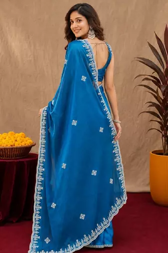 Turquoise soft shimmer chiffon embroidery work saree with unstitched blouse piece