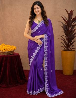 Plum soft shimmer chiffon embroidery work saree with unstitched blouse piece 1