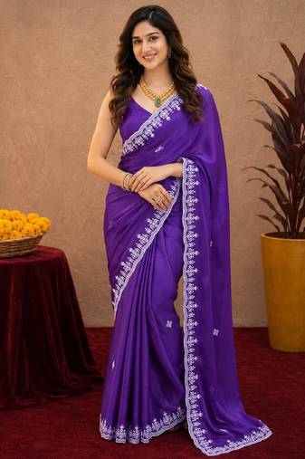 Plum soft shimmer chiffon embroidery work saree with unstitched blouse piece