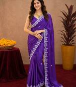Plum soft shimmer chiffon embroidery work saree with unstitched blouse piece