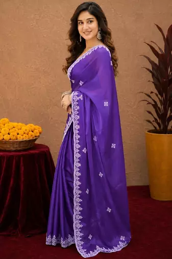 Plum soft shimmer chiffon embroidery work saree with unstitched blouse piece