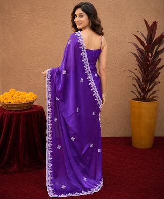 Plum soft shimmer chiffon embroidery work saree with unstitched blouse piece 3