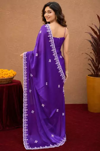 Plum soft shimmer chiffon embroidery work saree with unstitched blouse piece