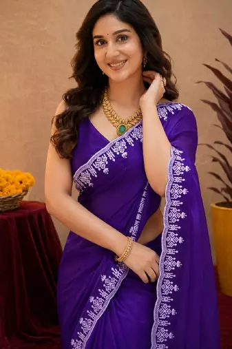 Plum soft shimmer chiffon embroidery work saree with unstitched blouse piece