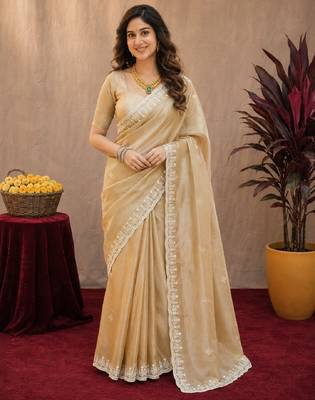 Gold soft shimmer chiffon embroidery work saree with unstitched blouse piece 1