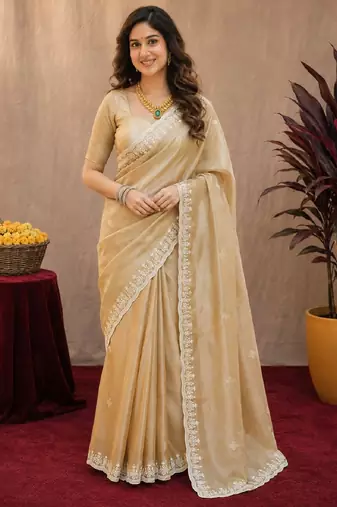 Gold soft shimmer chiffon embroidery work saree with unstitched blouse piece