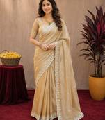 Gold soft shimmer chiffon embroidery work saree with unstitched blouse piece