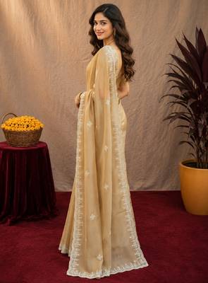 Gold soft shimmer chiffon embroidery work saree with unstitched blouse piece 2