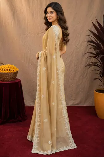Gold soft shimmer chiffon embroidery work saree with unstitched blouse piece