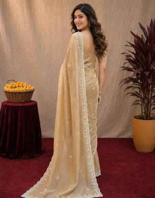 Gold soft shimmer chiffon embroidery work saree with unstitched blouse piece 3
