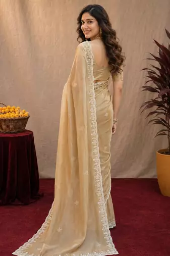 Gold soft shimmer chiffon embroidery work saree with unstitched blouse piece