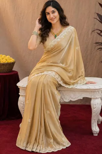 Gold soft shimmer chiffon embroidery work saree with unstitched blouse piece