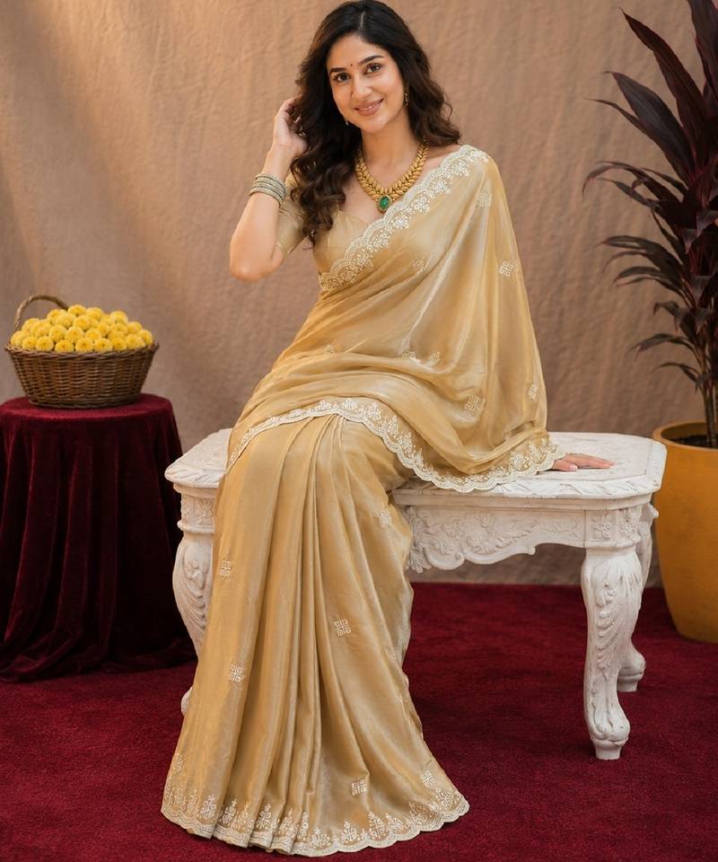 Gold soft shimmer chiffon embroidery work saree with unstitched blouse piece