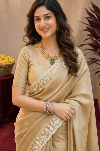 Gold soft shimmer chiffon embroidery work saree with unstitched blouse piece