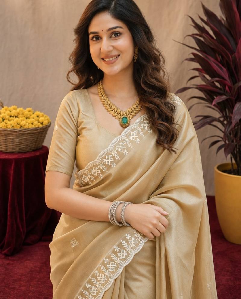 Gold soft shimmer chiffon embroidery work saree with unstitched blouse piece