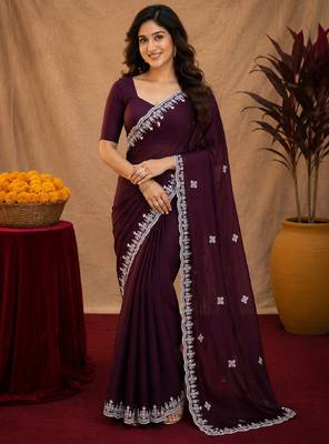 Wine soft shimmer chiffon embroidery work saree with unstitched blouse piece 1