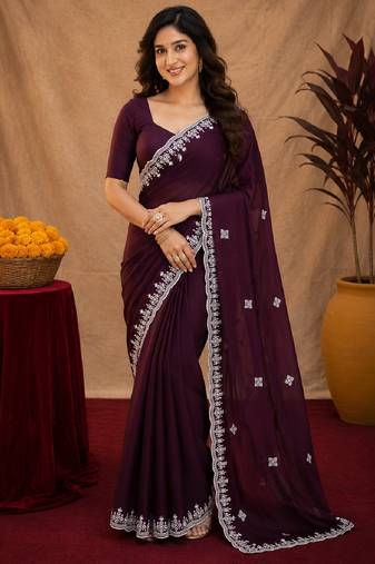 Wine soft shimmer chiffon embroidery work saree with unstitched blouse piece