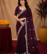 Wine soft shimmer chiffon embroidery work saree with unstitched blouse piece