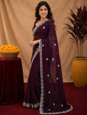 Wine soft shimmer chiffon embroidery work saree with unstitched blouse piece 2