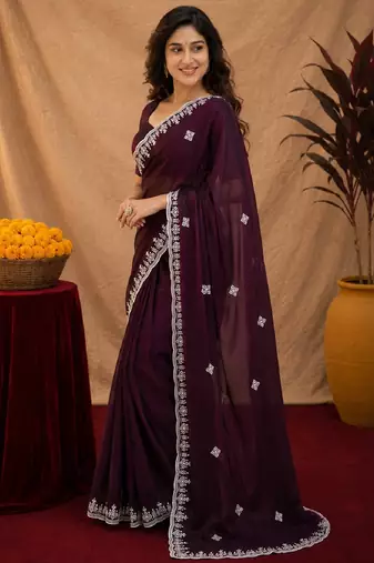 Wine soft shimmer chiffon embroidery work saree with unstitched blouse piece