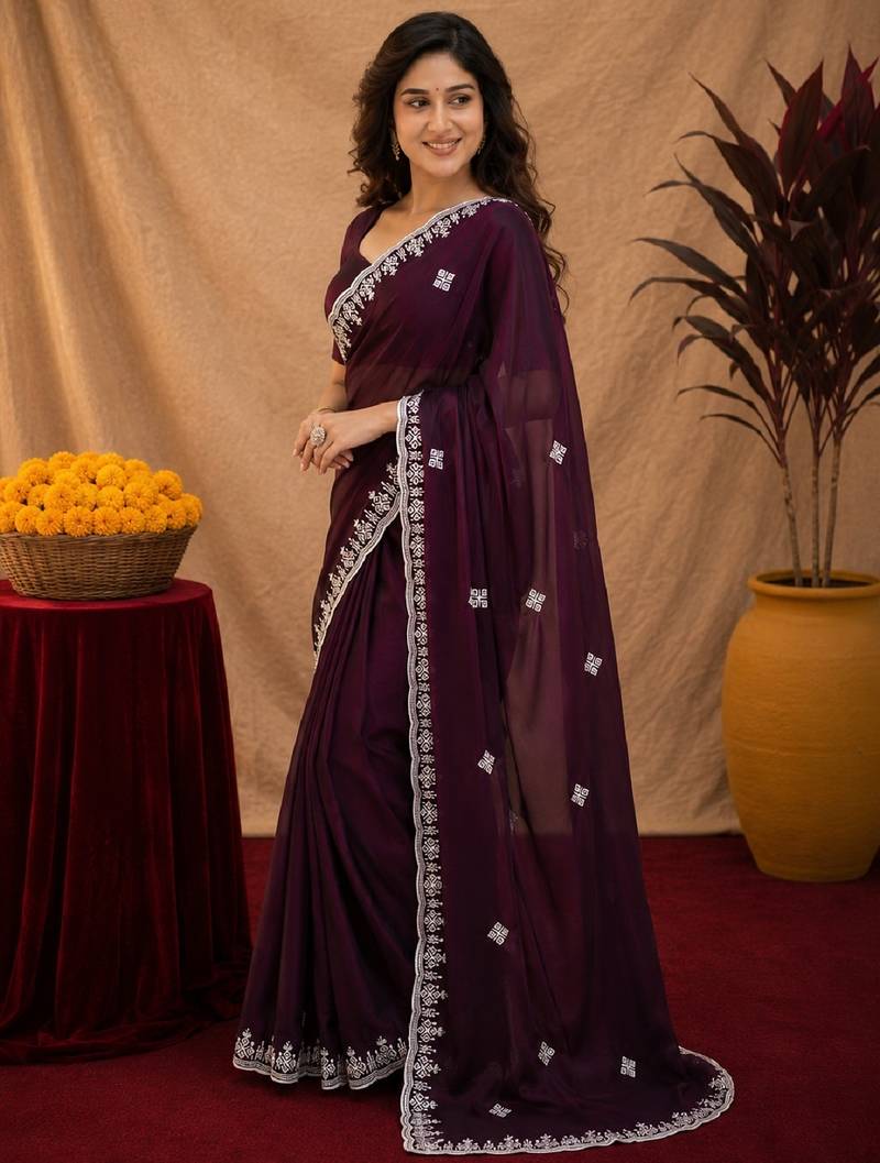 Wine soft shimmer chiffon embroidery work saree with unstitched blouse piece