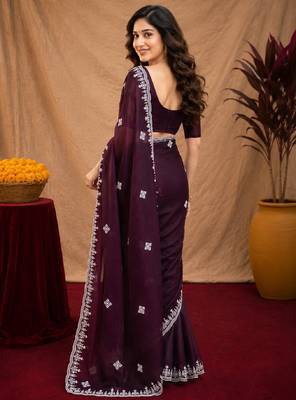 Wine soft shimmer chiffon embroidery work saree with unstitched blouse piece 3
