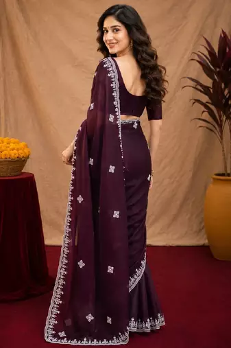 Wine soft shimmer chiffon embroidery work saree with unstitched blouse piece