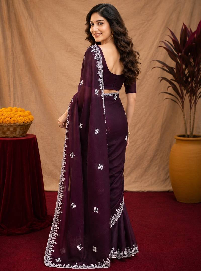 Wine soft shimmer chiffon embroidery work saree with unstitched blouse piece