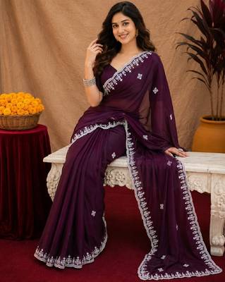 Wine soft shimmer chiffon embroidery work saree with unstitched blouse piece 4