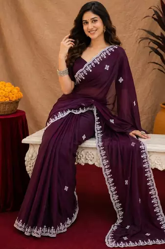 Wine soft shimmer chiffon embroidery work saree with unstitched blouse piece