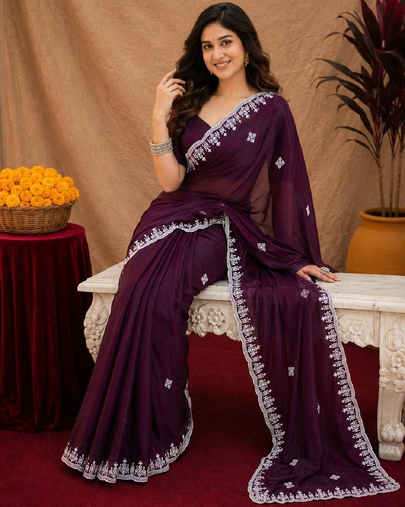 Wine soft shimmer chiffon embroidery work saree with unstitched blouse piece