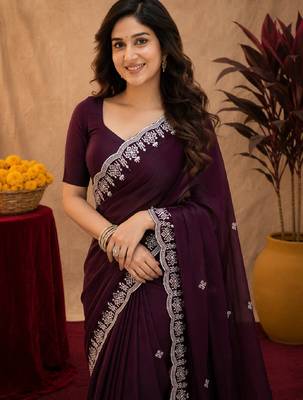 Wine soft shimmer chiffon embroidery work saree with unstitched blouse piece 5