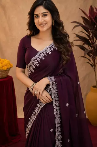 Wine soft shimmer chiffon embroidery work saree with unstitched blouse piece