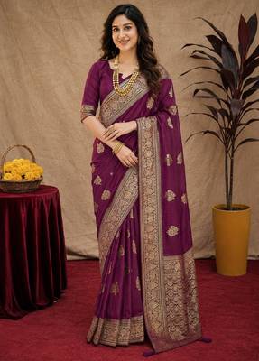 wine soft pure pethani silk blend with jari weave work saree with unstitched blouse piece 1