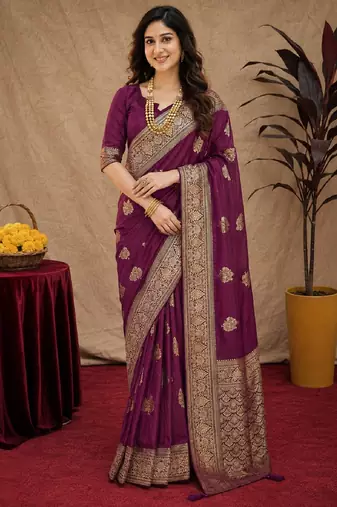 wine soft pure pethani silk blend with jari weave work saree with unstitched blouse piece