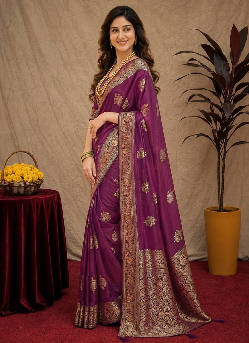 wine soft pure pethani silk blend with jari weave work saree with unstitched blouse piece