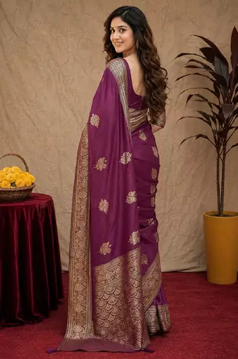 wine soft pure pethani silk blend with jari weave work saree with unstitched blouse piece