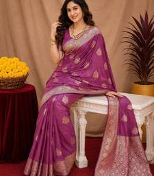 purple soft pure pethani silk blend with jari weave work saree with unstitched blouse piece