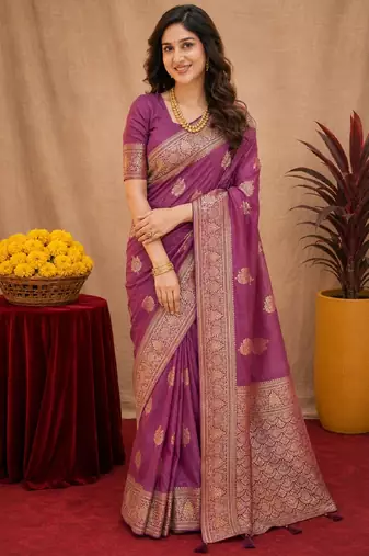 purple soft pure pethani silk blend with jari weave work saree with unstitched blouse piece