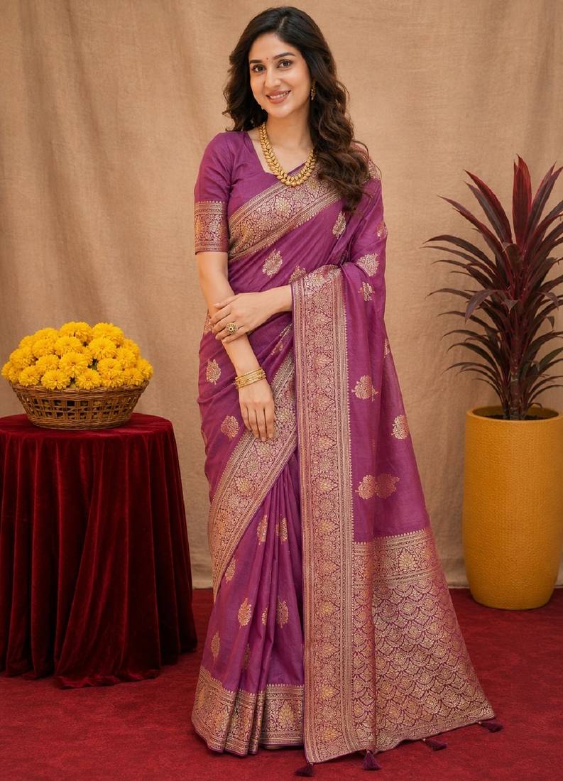 purple soft pure pethani silk blend with jari weave work saree with unstitched blouse piece