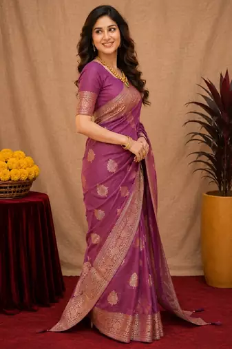 purple soft pure pethani silk blend with jari weave work saree with unstitched blouse piece