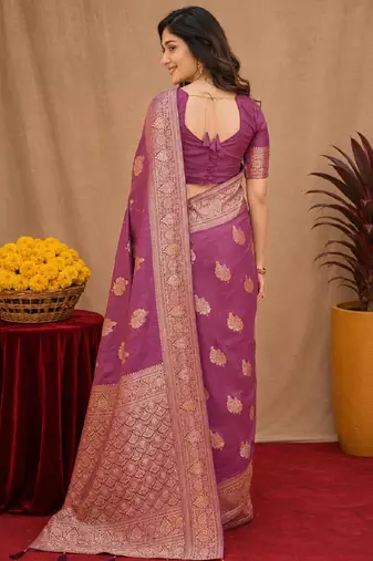 purple soft pure pethani silk blend with jari weave work saree with unstitched blouse piece