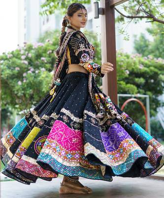 Black Cotton Navratri Mirror Work Lehenga Choli With Dupatta 1